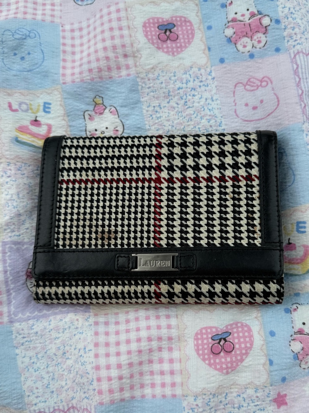 Vintage Lauren by Ralph Lauren Houndstooth Leather Trim Trifold Wallet
